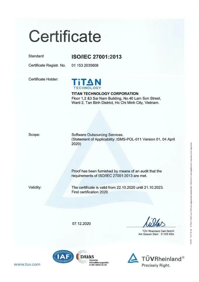 TITAN-VERANTWORTLICHE ERHALTEN DIE INTERNATIONALE ZERTIFIZIERUNG NACH ISO 27001:2013